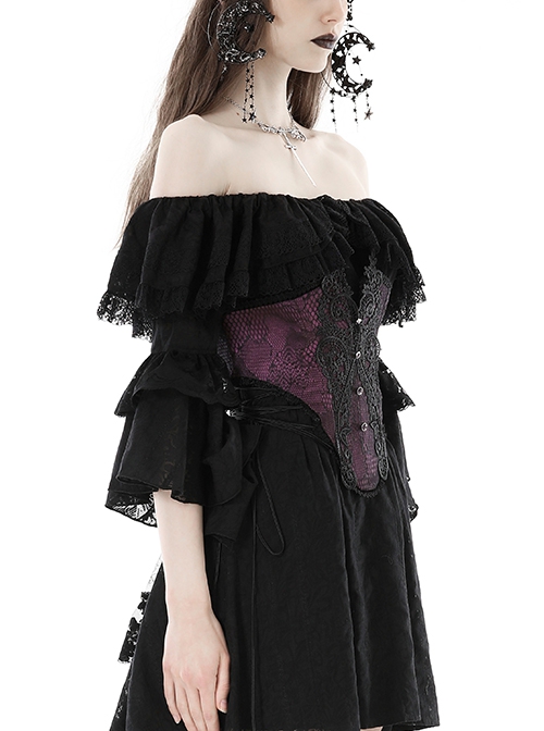 Gothic Style Palace Retro Embroidery Lace Decoration Both Sides Sexy Hollow Straps Purple Gorgeous Corset