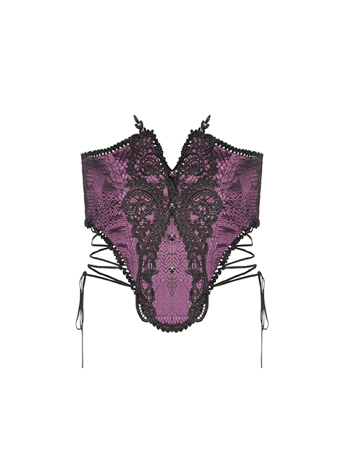Gothic Style Palace Retro Embroidery Lace Decoration Both Sides Sexy Hollow Straps Purple Gorgeous Corset