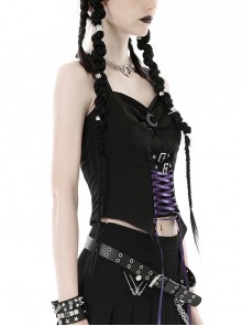 Punk Rock Style Moon Metal Buckle Decorated Purple Cross Ribbon Black Halterneck Suspender Tight Corset Top