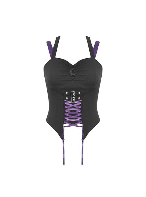 Punk Rock Style Moon Metal Buckle Decorated Purple Cross Ribbon Black Halterneck Suspender Tight Corset Top