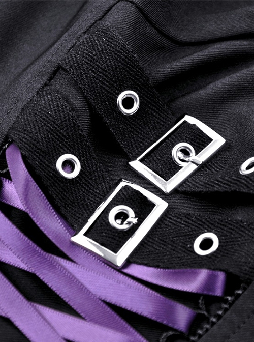 Punk Rock Style Moon Metal Buckle Decorated Purple Cross Ribbon Black Halterneck Suspender Tight Corset Top
