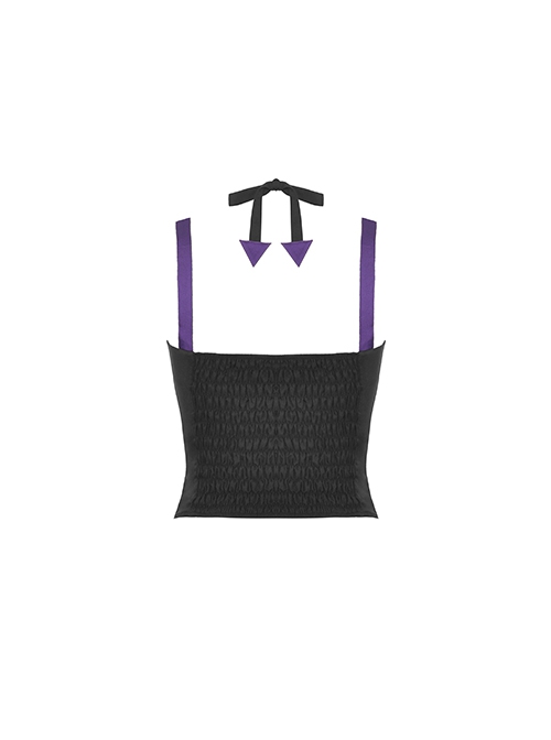 Punk Rock Style Moon Metal Buckle Decorated Purple Cross Ribbon Black Halterneck Suspender Tight Corset Top