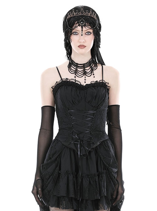 Gothic Style Retro Lace Dark Pattern Elastic Ribbon Mysterious Black Tight Suspender Corset Top