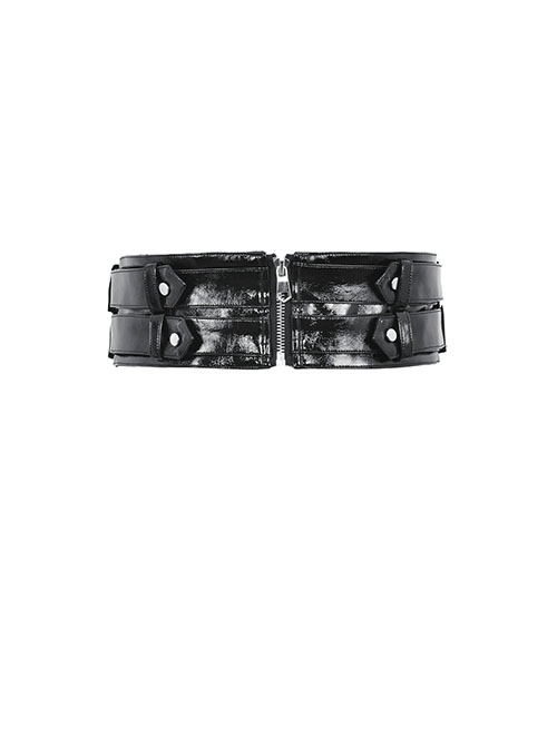 Punk Style Motorcycle Shiny PU Leather Cross Strap Silver Metal Round Rivets Decorated Black Tight Belt