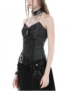Punk Style PU Leather Adjustable Straps On The Back Cool Metal Zippers Sexy Tube Corset Top