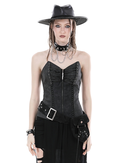 Punk Style PU Leather Adjustable Straps On The Back Cool Metal Zippers Sexy Tube Corset Top