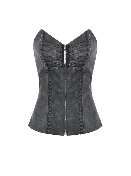 Punk Style PU Leather Adjustable Straps On The Back Cool Metal Zippers Sexy Tube Corset Top