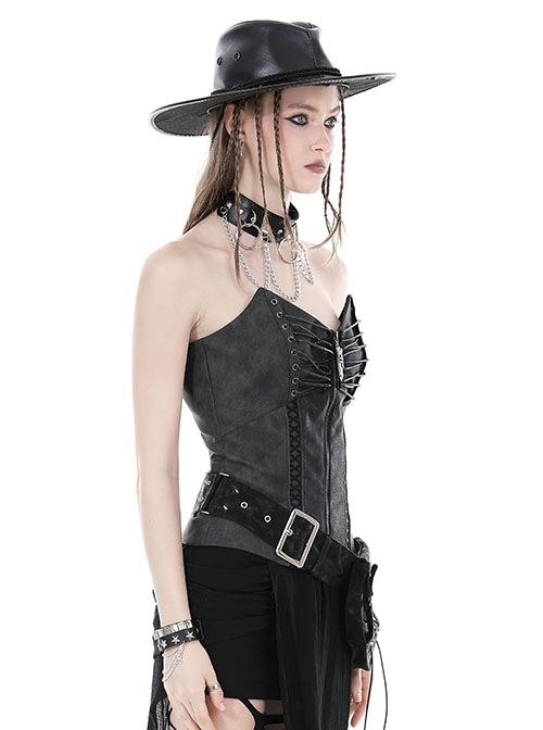Punk Style PU Leather Adjustable Straps On The Back Cool Metal Zippers Sexy Tube Corset Top