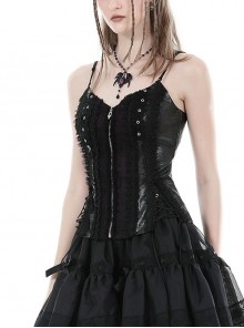 Gothic Style Crocodile Pattern Reflective PU Leather Lace Stitching Hem Drawstring Design Suspender Corset Top