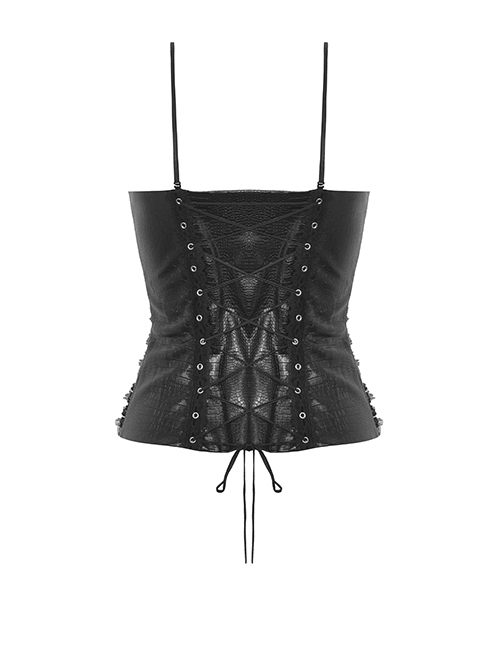 Gothic Style Crocodile Pattern Reflective PU Leather Lace Stitching Hem Drawstring Design Suspender Corset Top