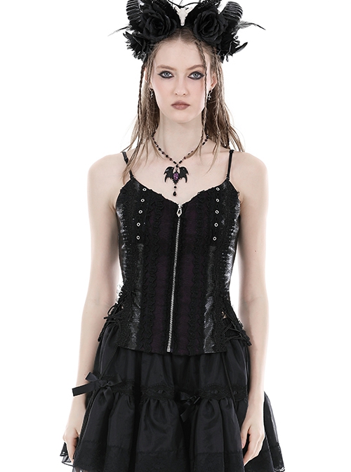 Gothic Style Crocodile Pattern Reflective PU Leather Lace Stitching Hem Drawstring Design Suspender Corset Top