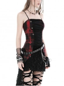 Punk Style Cool Silver Metallic Mesh Lace Decorated Bat Wing Hem Black And Red Tie-Dye Suspender Top