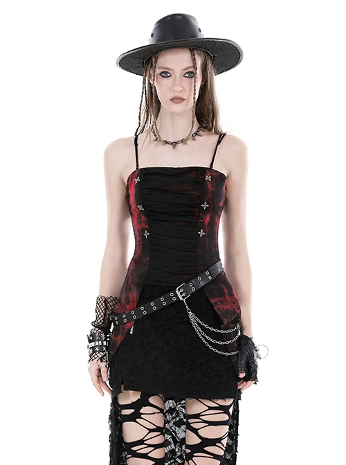 Punk Style Cool Silver Metallic Mesh Lace Decorated Bat Wing Hem Black And Red Tie-Dye Suspender Top