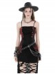 Punk Style Cool Silver Metallic Mesh Lace Decorated Bat Wing Hem Black And Red Tie-Dye Suspender Top