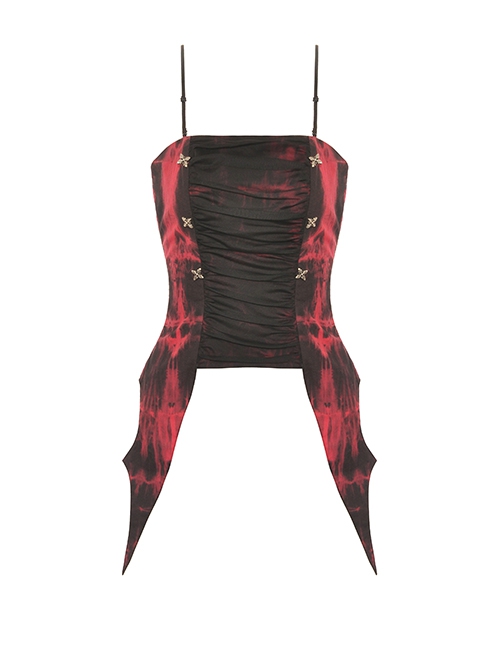 Punk Style Cool Silver Metallic Mesh Lace Decorated Bat Wing Hem Black And Red Tie-Dye Suspender Top