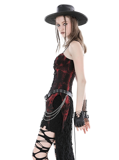 Punk Style Cool Silver Metallic Mesh Lace Decorated Bat Wing Hem Black And Red Tie-Dye Suspender Top