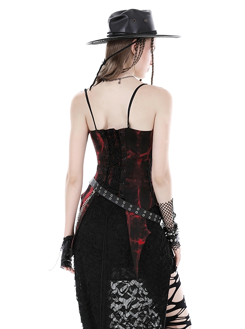 Punk Style Cool Silver Metallic Mesh Lace Decorated Bat Wing Hem Black And Red Tie-Dye Suspender Top