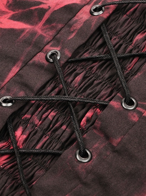 Punk Style Cool Silver Metallic Mesh Lace Decorated Bat Wing Hem Black And Red Tie-Dye Suspender Top