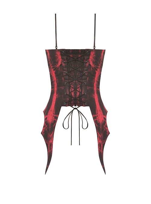 Punk Style Cool Silver Metallic Mesh Lace Decorated Bat Wing Hem Black And Red Tie-Dye Suspender Top