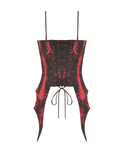 Punk Style Cool Silver Metallic Mesh Lace Decorated Bat Wing Hem Black And Red Tie-Dye Suspender Top