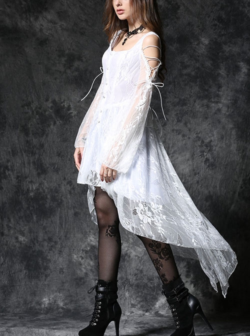 Gothic Style Lace Off-Shoulder Strap Short Front Long Back Ghost Swallow Tail Design Button White Dress