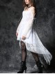 Gothic Style Lace Off-Shoulder Strap Short Front Long Back Ghost Swallow Tail Design Button White Dress