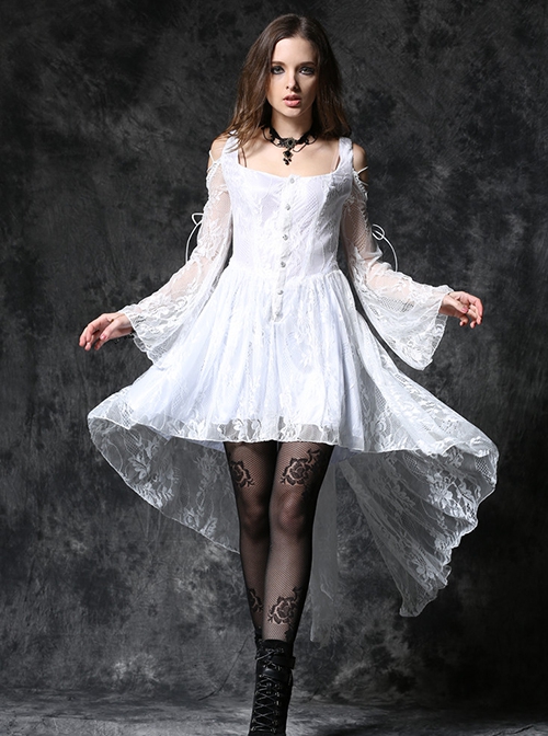 Gothic Style Lace Off-Shoulder Strap Short Front Long Back Ghost Swallow Tail Design Button White Dress