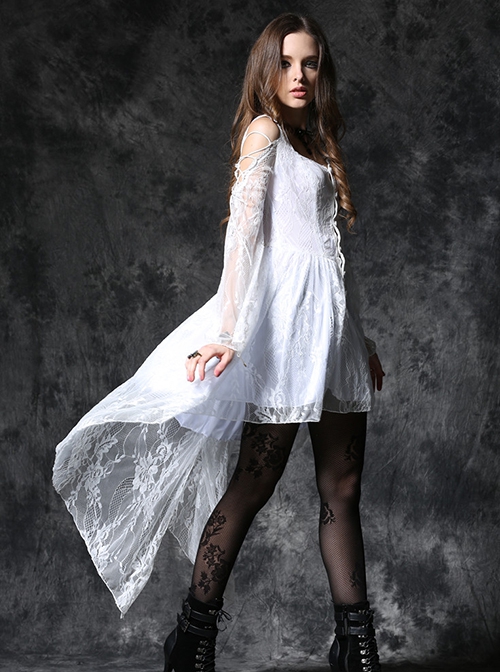 Gothic Style Lace Off-Shoulder Strap Short Front Long Back Ghost Swallow Tail Design Button White Dress
