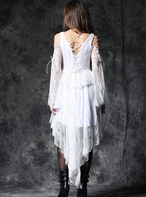 Gothic Style Lace Off-Shoulder Strap Short Front Long Back Ghost Swallow Tail Design Button White Dress
