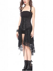 Gothic Style Drawstring Design Multi Layered Lace Hem Black Halterneck Sexy Corset Dress