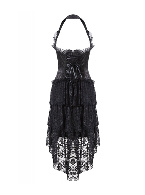 Gothic Style Drawstring Design Multi Layered Lace Hem Black Halterneck Sexy Corset Dress