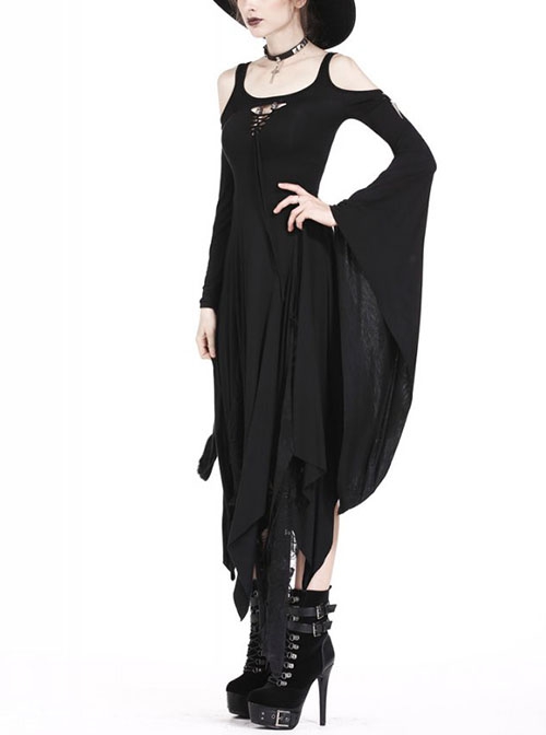 Gothic Style Hooked Irregular Hem Off-Shoulder Chest Hollow Black Long Trumpet Sleeves Dark Witch Dress