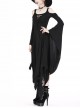 Gothic Style Hooked Irregular Hem Off-Shoulder Chest Hollow Black Long Trumpet Sleeves Dark Witch Dress