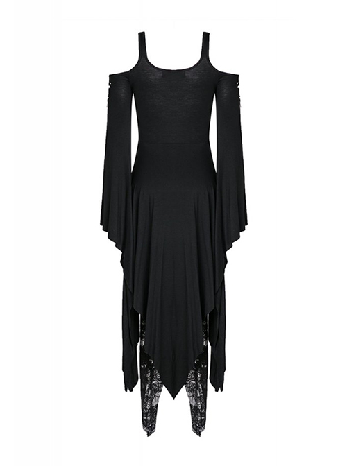 Gothic Style Hooked Irregular Hem Off-Shoulder Chest Hollow Black Long Trumpet Sleeves Dark Witch Dress