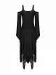 Gothic Style Hooked Irregular Hem Off-Shoulder Chest Hollow Black Long Trumpet Sleeves Dark Witch Dress