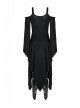 Gothic Style Hooked Irregular Hem Off-Shoulder Chest Hollow Black Long Trumpet Sleeves Dark Witch Dress