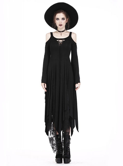 Gothic Style Hooked Irregular Hem Off-Shoulder Chest Hollow Black Long Trumpet Sleeves Dark Witch Dress