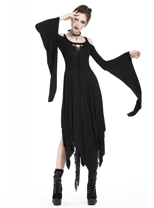 Gothic Style Hooked Irregular Hem Off-Shoulder Chest Hollow Black Long Trumpet Sleeves Dark Witch Dress