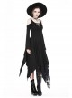 Gothic Style Hooked Irregular Hem Off-Shoulder Chest Hollow Black Long Trumpet Sleeves Dark Witch Dress