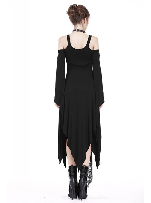 Gothic Style Hooked Irregular Hem Off-Shoulder Chest Hollow Black Long Trumpet Sleeves Dark Witch Dress