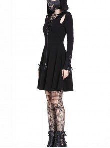 Punk Style Sexy Hollow Strapless Backless Cool Mysterious Black Long Sleeve Hooded Short Dress