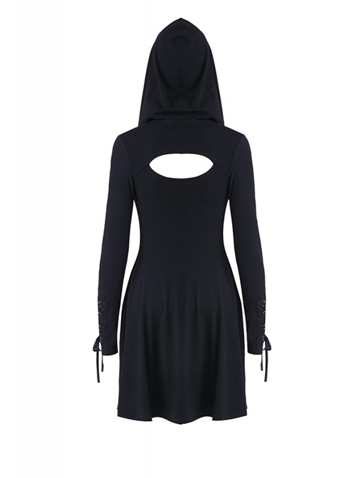 Punk Style Sexy Hollow Strapless Backless Cool Mysterious Black Long Sleeve Hooded Short Dress