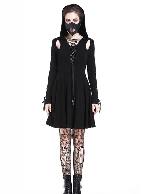 Punk Style Sexy Hollow Strapless Backless Cool Mysterious Black Long Sleeve Hooded Short Dress
