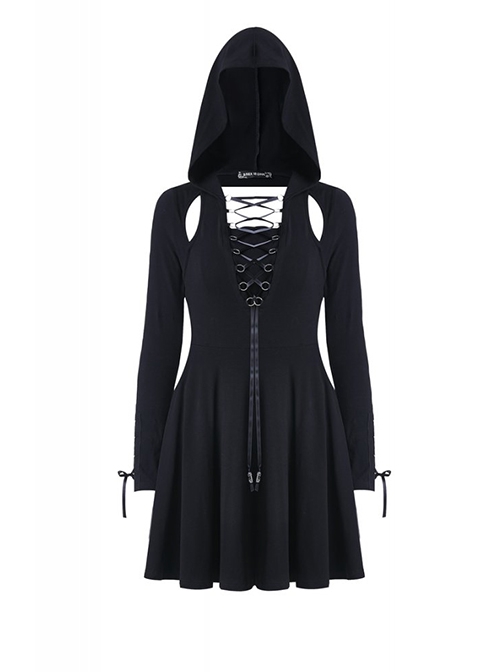 Punk Style Sexy Hollow Strapless Backless Cool Mysterious Black Long Sleeve Hooded Short Dress