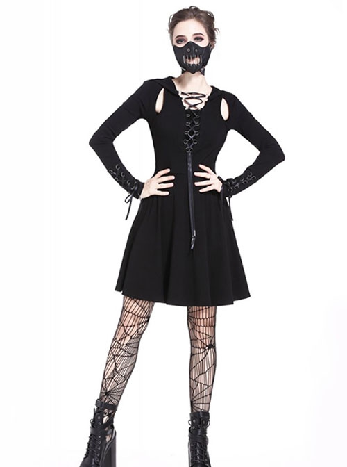 Punk Style Sexy Hollow Strapless Backless Cool Mysterious Black Long Sleeve Hooded Short Dress