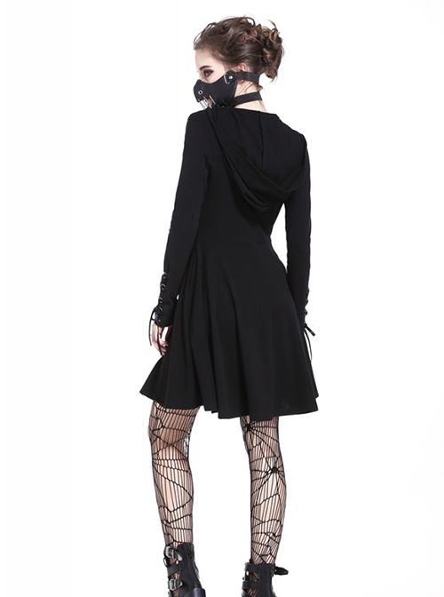 Punk Style Sexy Hollow Strapless Backless Cool Mysterious Black Long Sleeve Hooded Short Dress