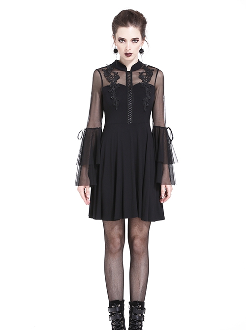 Gothic Style Stand Collar Design Lace Embroidery Mesh Trumpet Sleeves Backless Elegant Black Short Dress