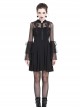 Gothic Style Stand Collar Design Lace Embroidery Mesh Trumpet Sleeves Backless Elegant Black Short Dress