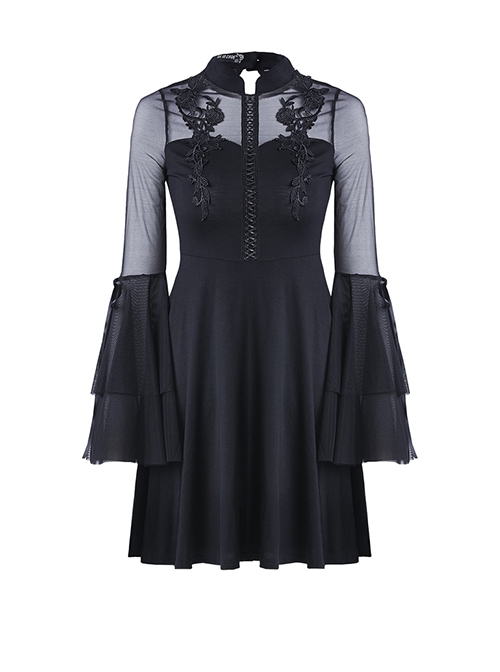 Gothic Style Stand Collar Design Lace Embroidery Mesh Trumpet Sleeves Backless Elegant Black Short Dress