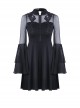 Gothic Style Stand Collar Design Lace Embroidery Mesh Trumpet Sleeves Backless Elegant Black Short Dress